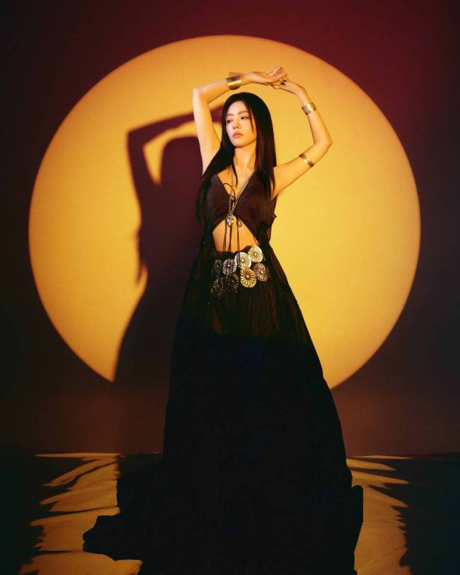 蔡文静穿露脐长裙秀优美腰身 黑长直造型冷艳酷飒